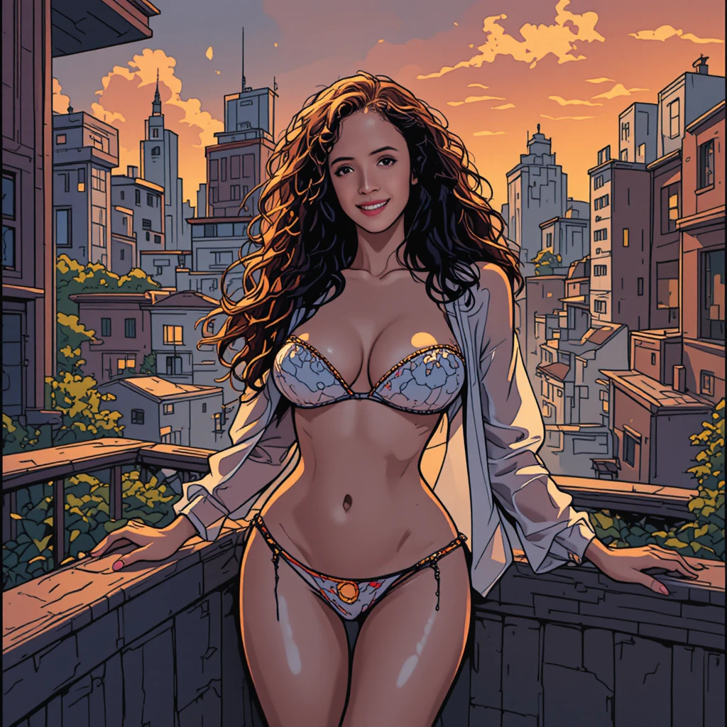 Mulher curvilínea de biquíni em terraço urbano – ilustração em quadrinhos