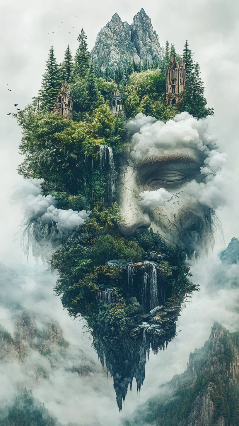 Gigante de montanha surreal formado por florestas e rios
