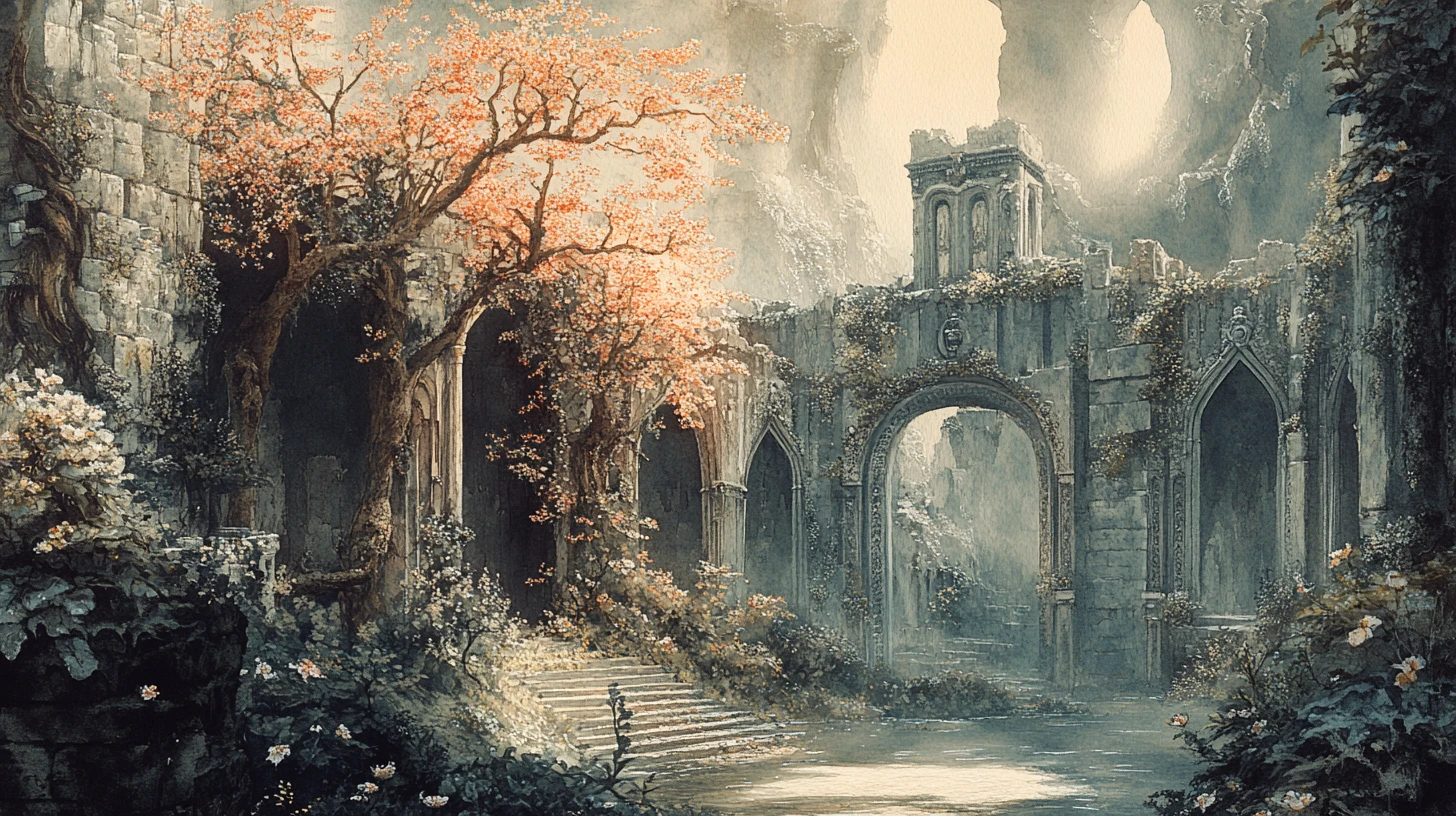 Ancien jardin fantastique où les époques historiques fleurissent en arbres