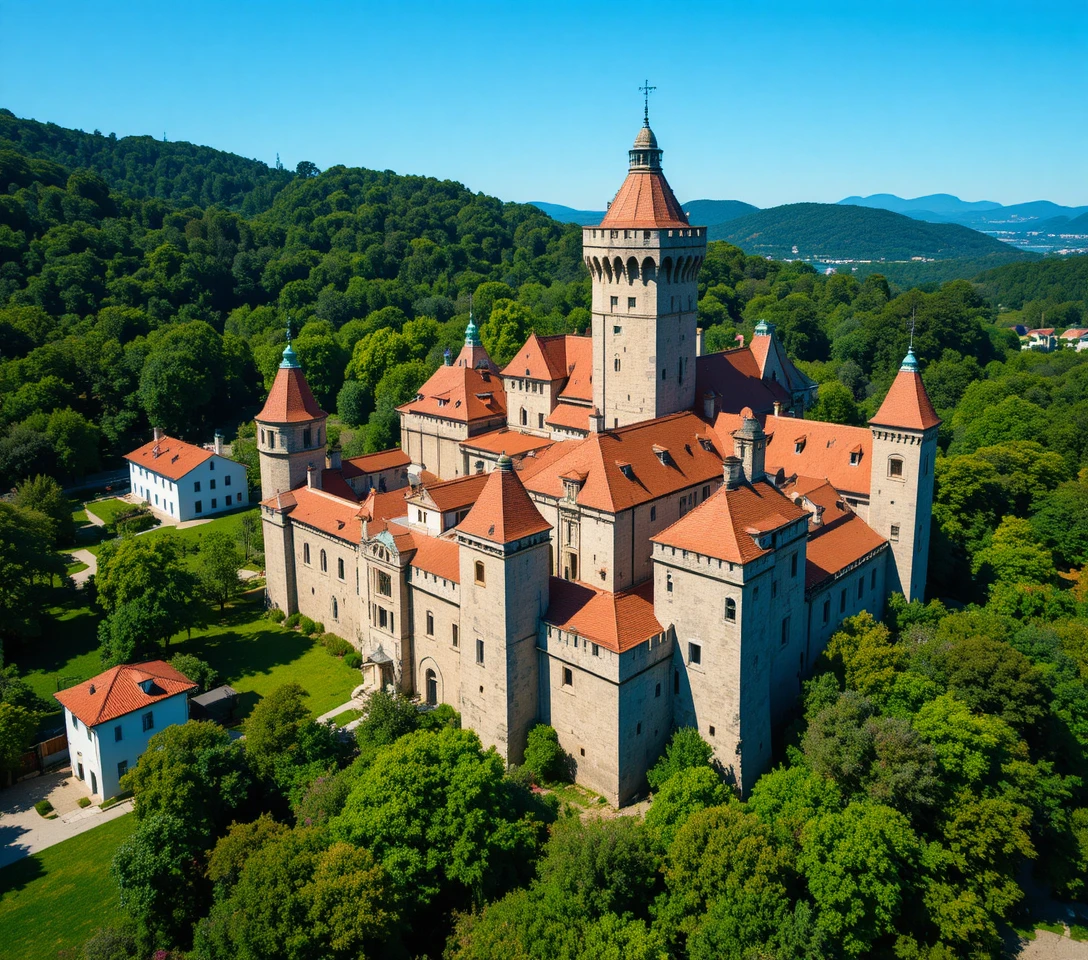 Vista aérea de castelo histórico cercado por colinas verdes