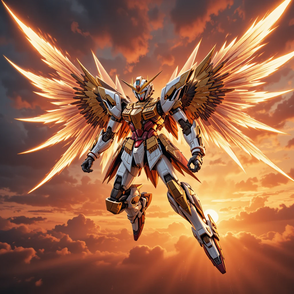 Mecha alado voando por um céu de pôr do sol em chamas
