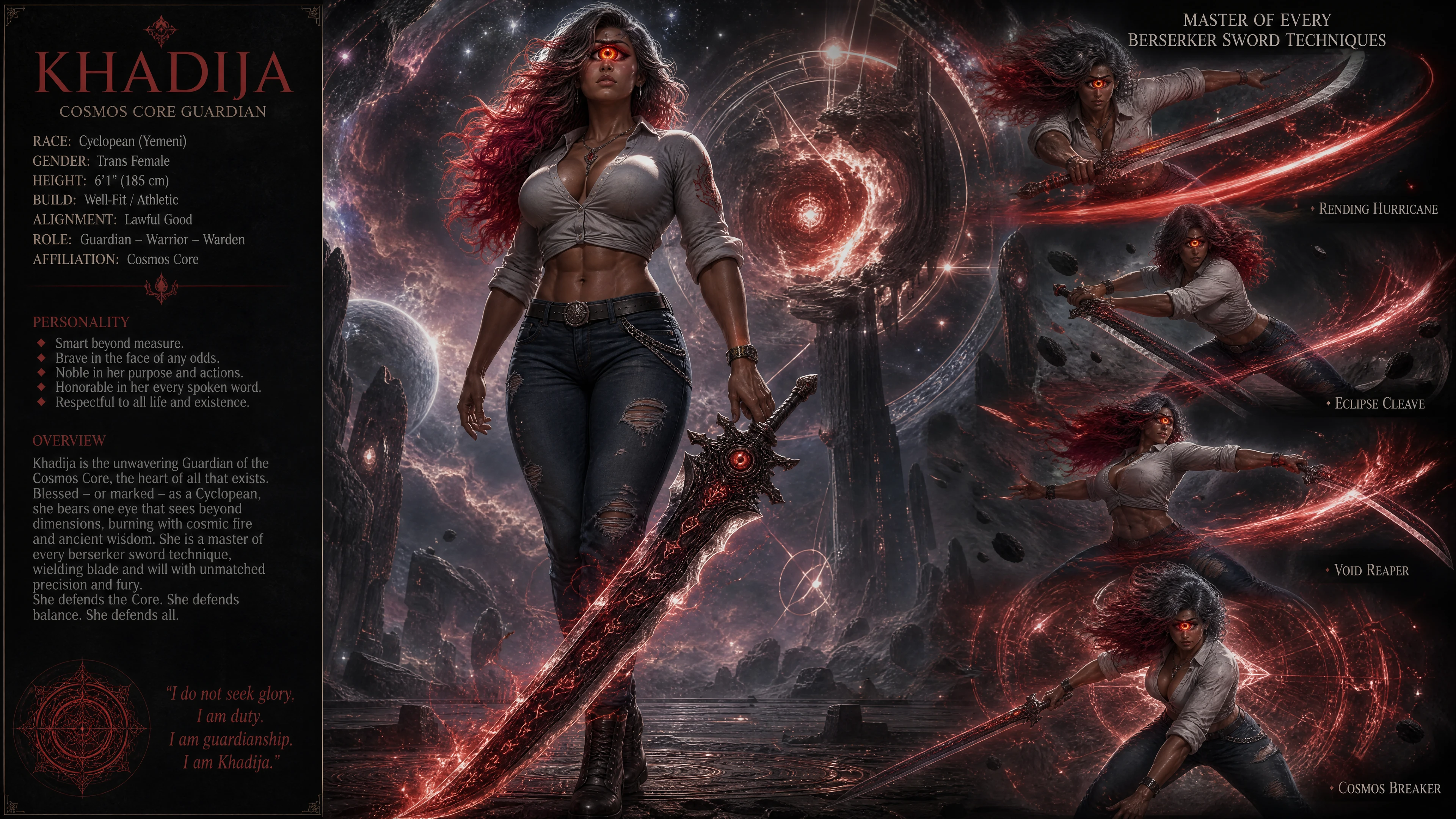 불타는 주홍빛 눈을 가진 외눈 판타지 여전사