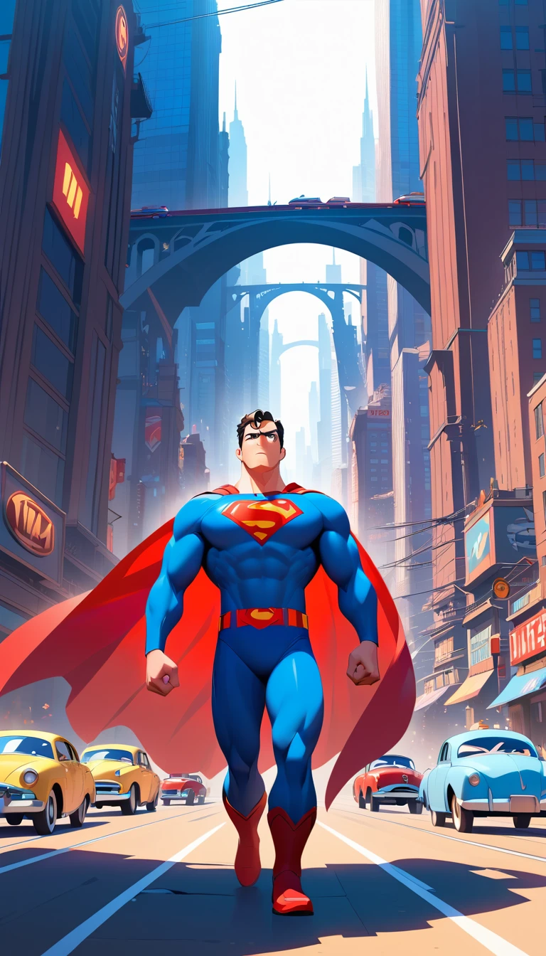 Super-herói se vira para ponte desabando em cena urbana iluminada