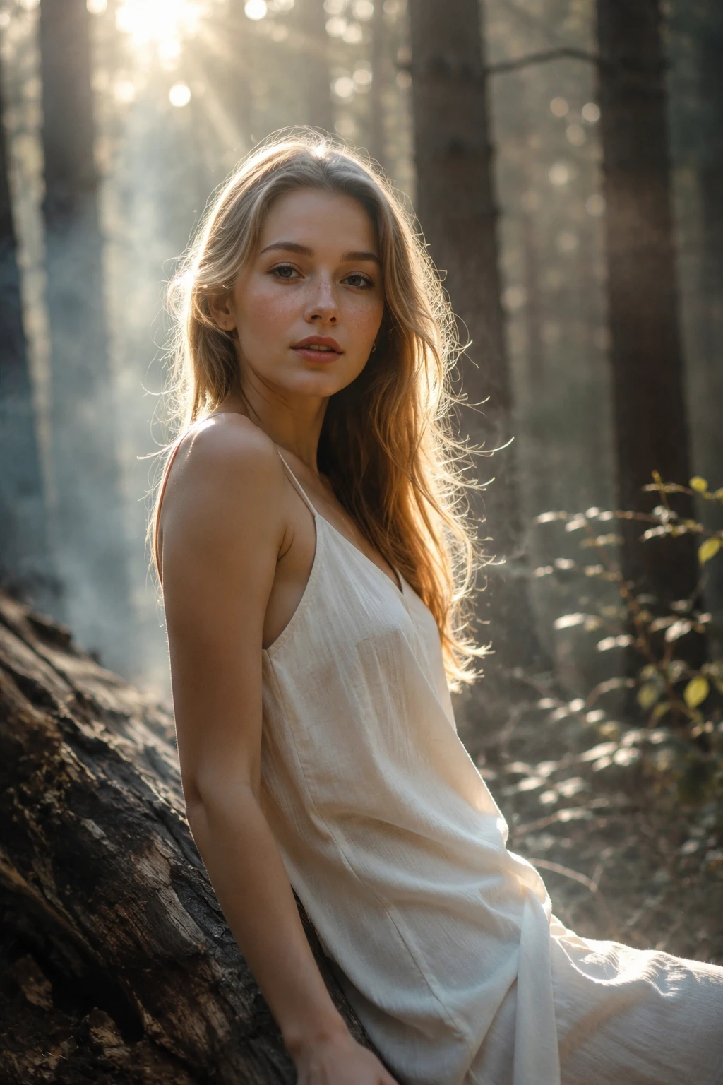 Retrato etéreo de mulher em cena onírica com brilho suave