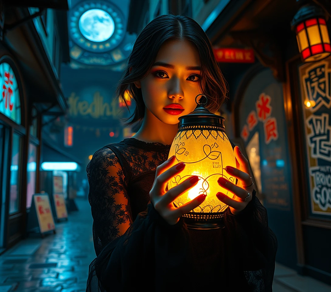 超現實市集中手捧發光燈籠的哥德風女子