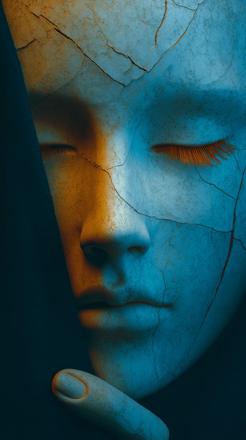 Visage féminin surréaliste fendu entre masque de marbre et peau vivante