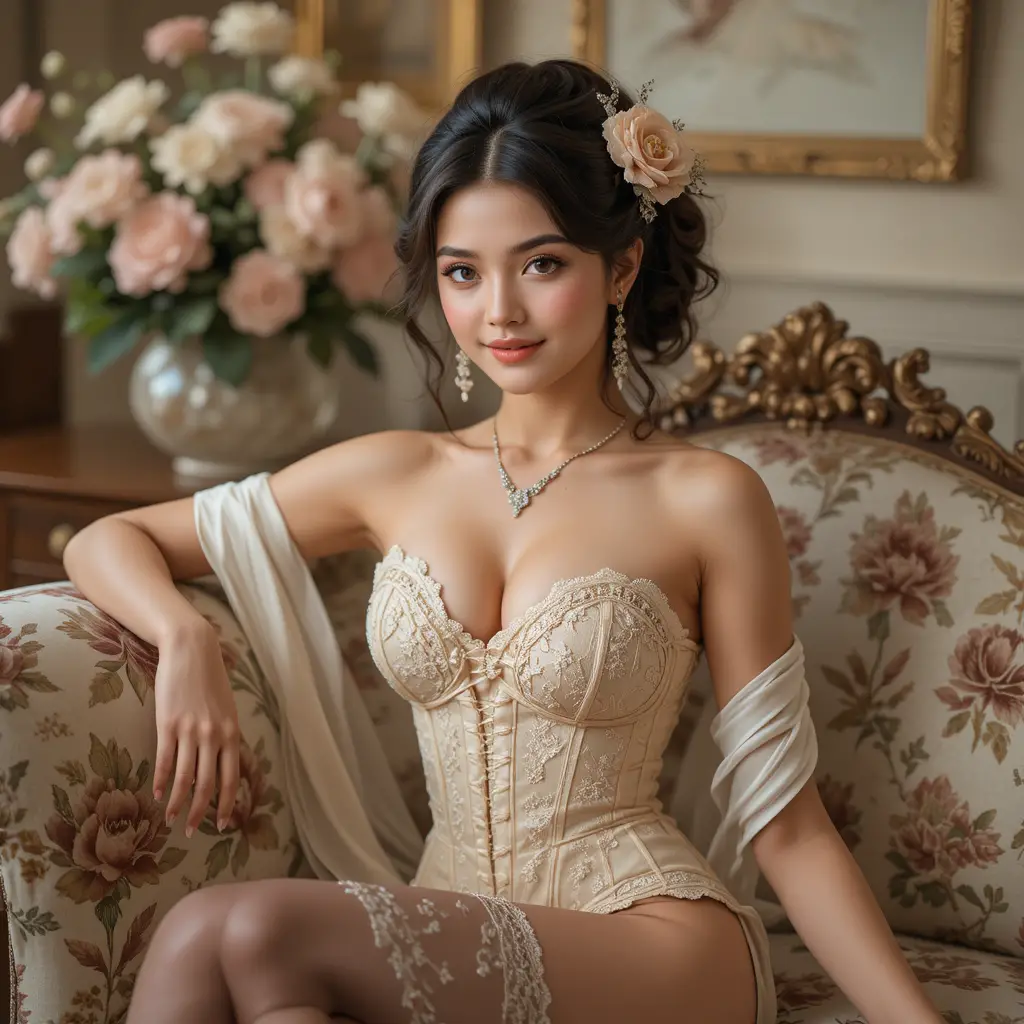 Mulher elegante em lingerie de renda em sofá floral vintage