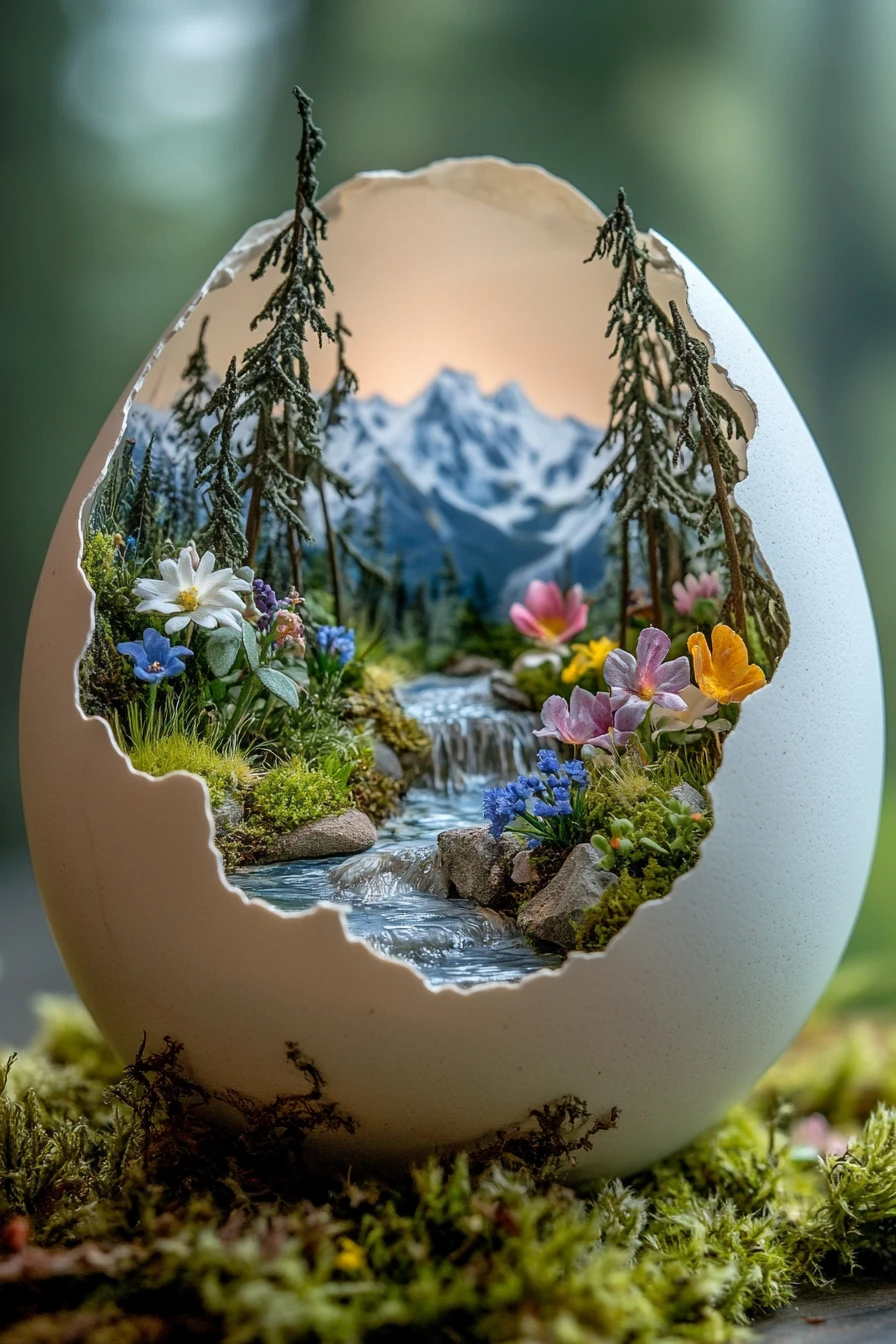 Paesaggio fantastico in miniatura nascosto dentro un guscio d’uovo rotto