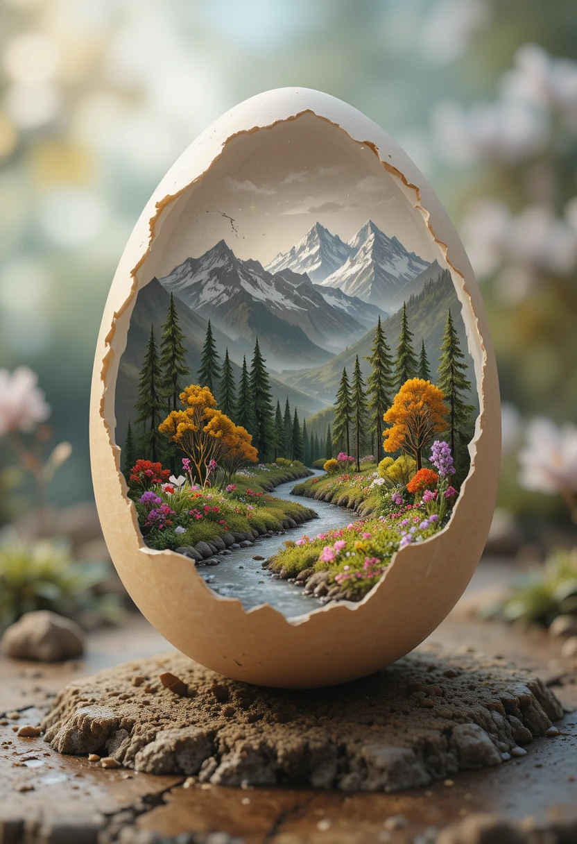 Guscio d’uovo incrinato con un sereno paesaggio fantastico in miniatura