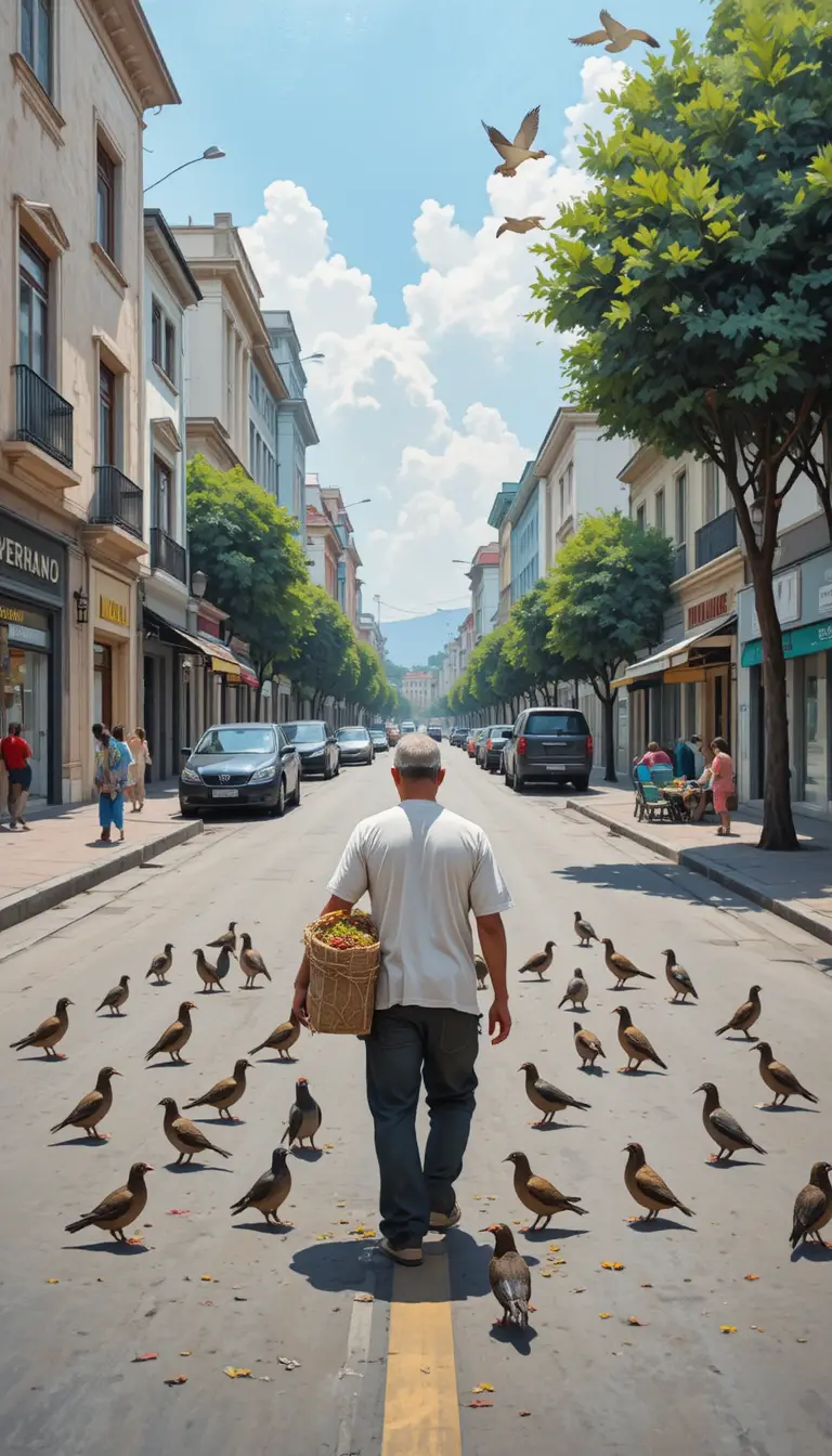 Man feeding birds while walking along a calm city street