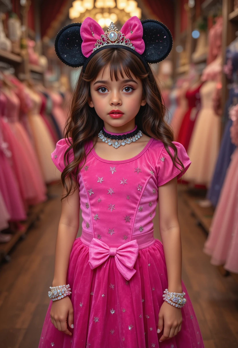 Menino nervoso de vestido rosa da Minnie posando na loja