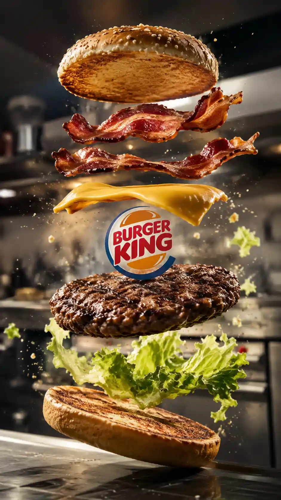 Exploding 3D burger in mid air with flying layers
