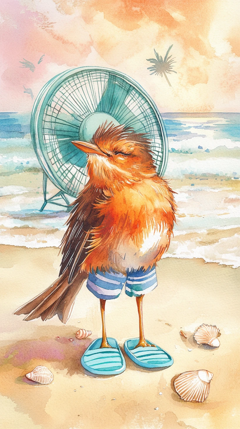 Pintura em aquarela de um robin curtindo a brisa do mar na praia ao pôr do sol
