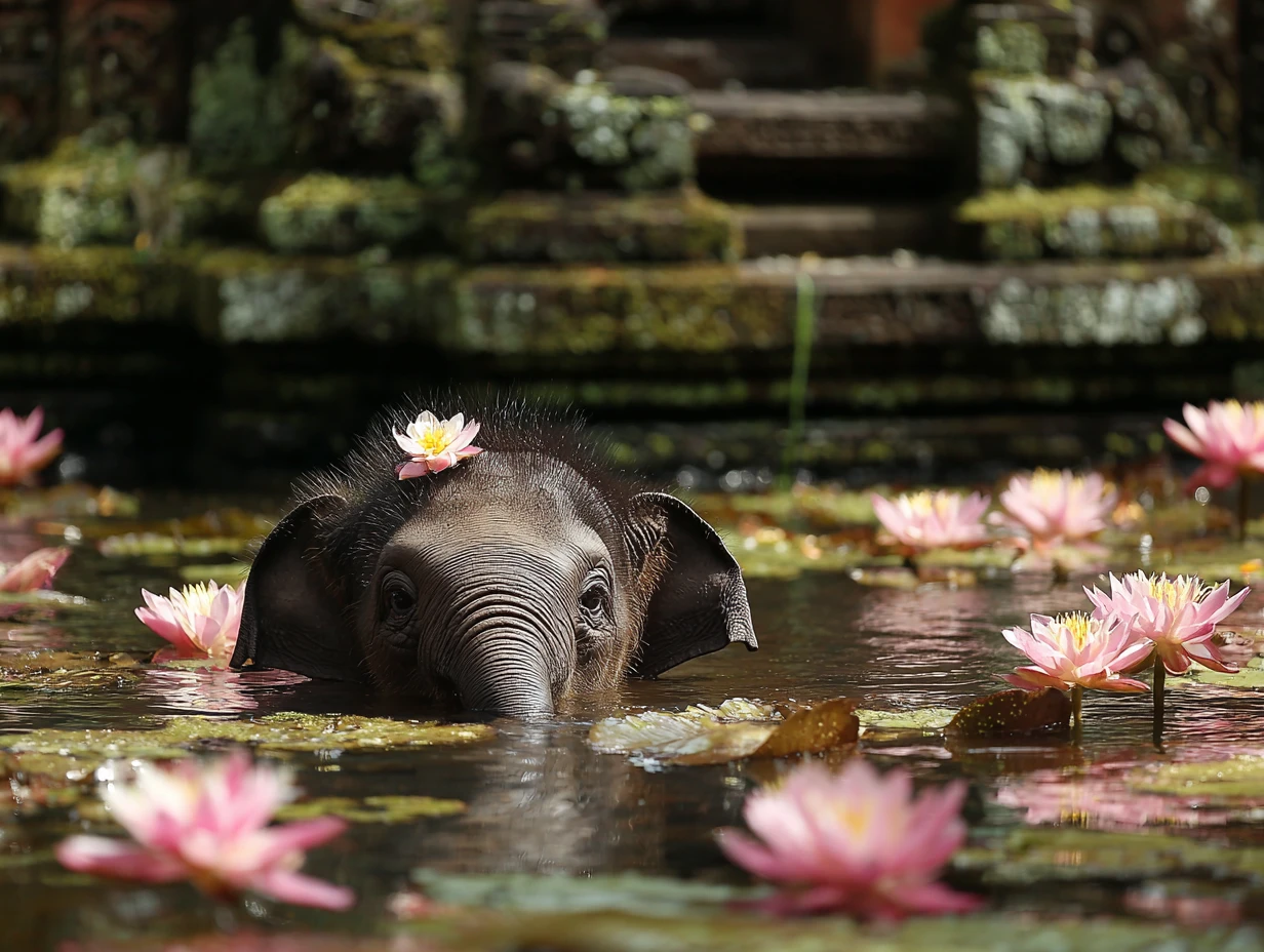 Filhotes de elefante tomando banho nas ruínas de um antigo templo na selva