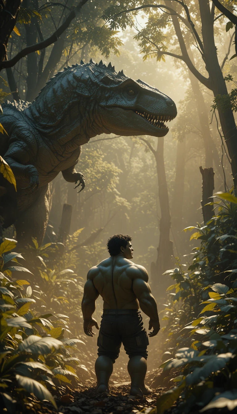 Dinosaurio gigante se enfrenta a un héroe poderoso en un duelo en la jungla
