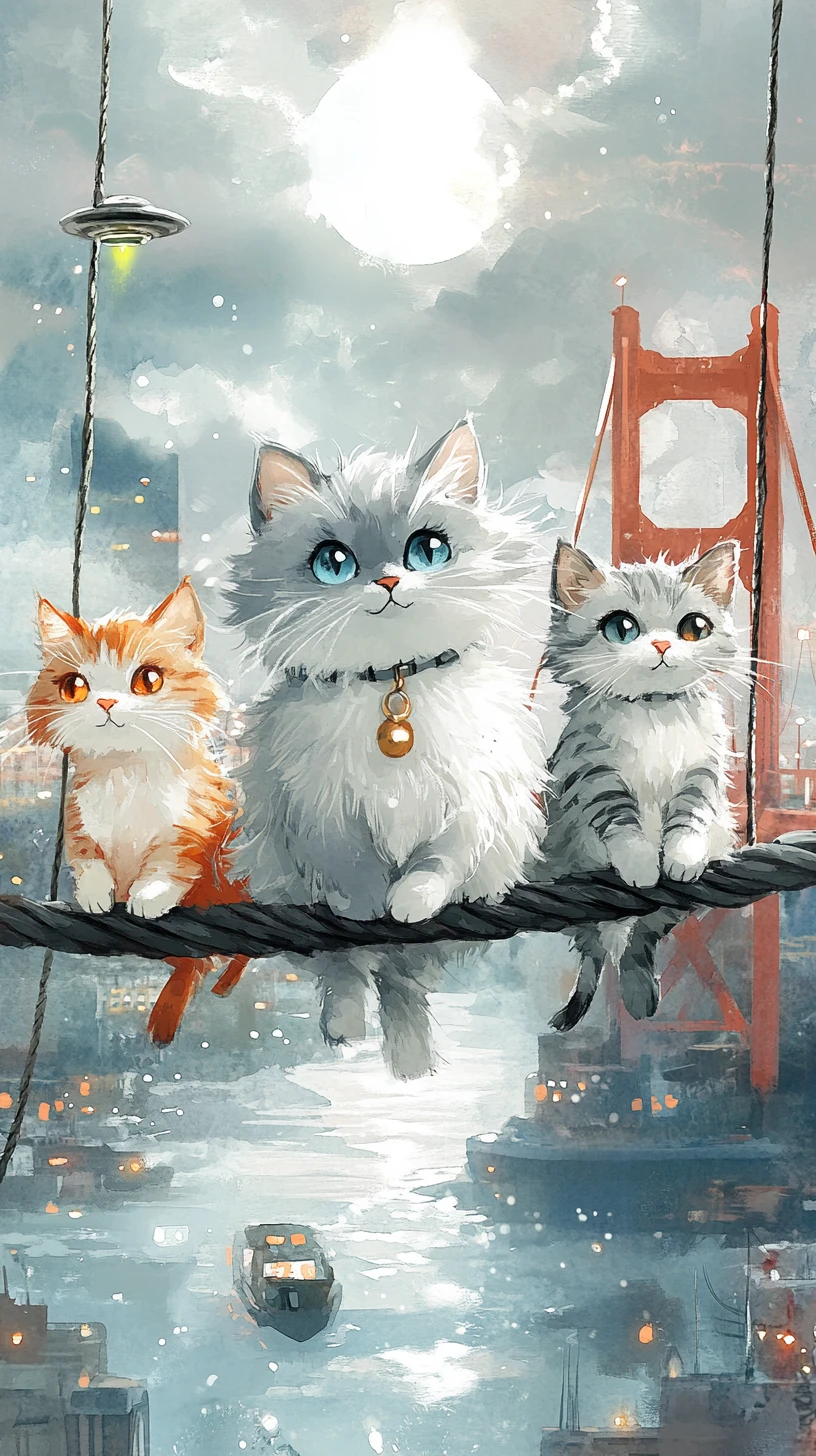 Gatos aventureiros caminhando em um cabo alto sobre uma baía enevoada