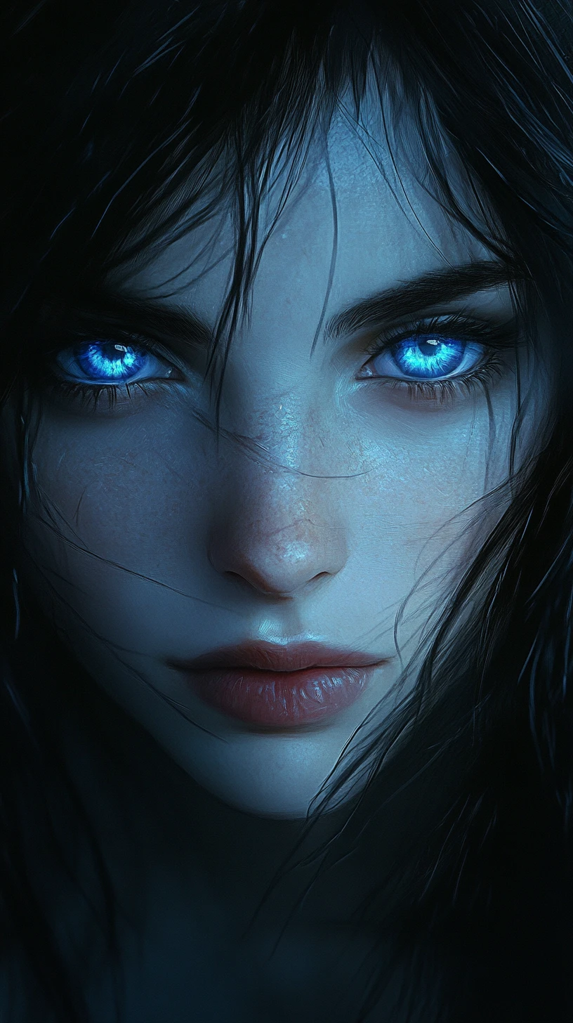 Close-up extremo de garota de anime de olhos azuis nas sombras