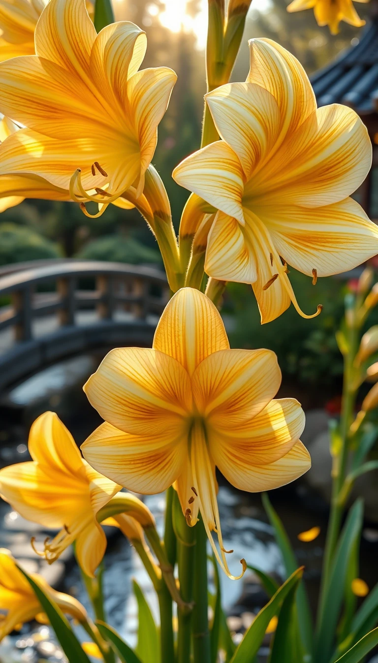 Flores de amarílis em macro em um tranquilo jardim japonês