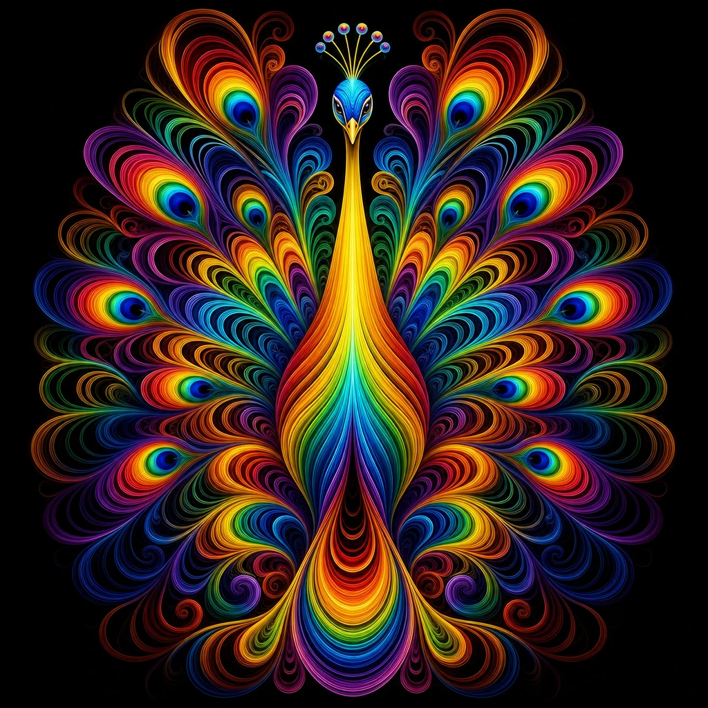 Pavão Abstrato Simétrico de Fitas Arco-Íris Brilhantes