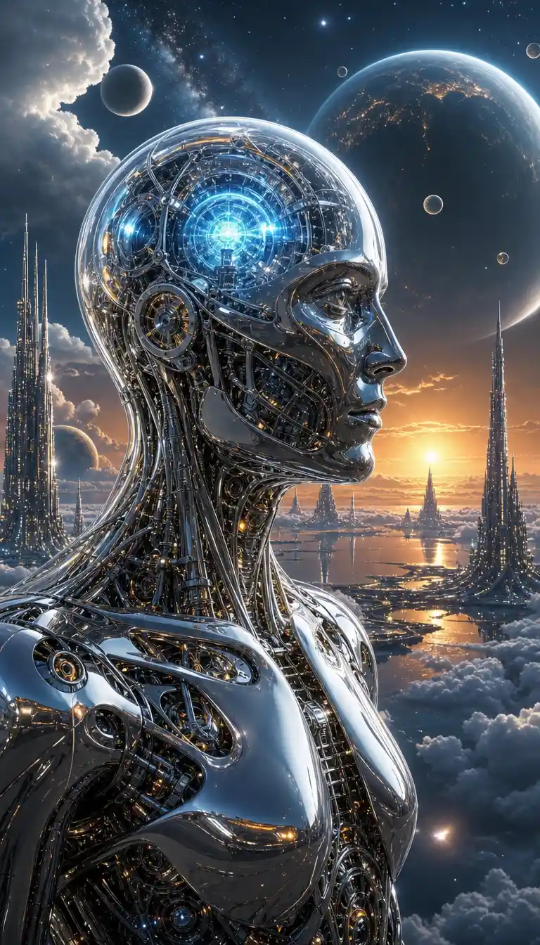 Futuristic cyborg portrait against glowing cosmic horizon