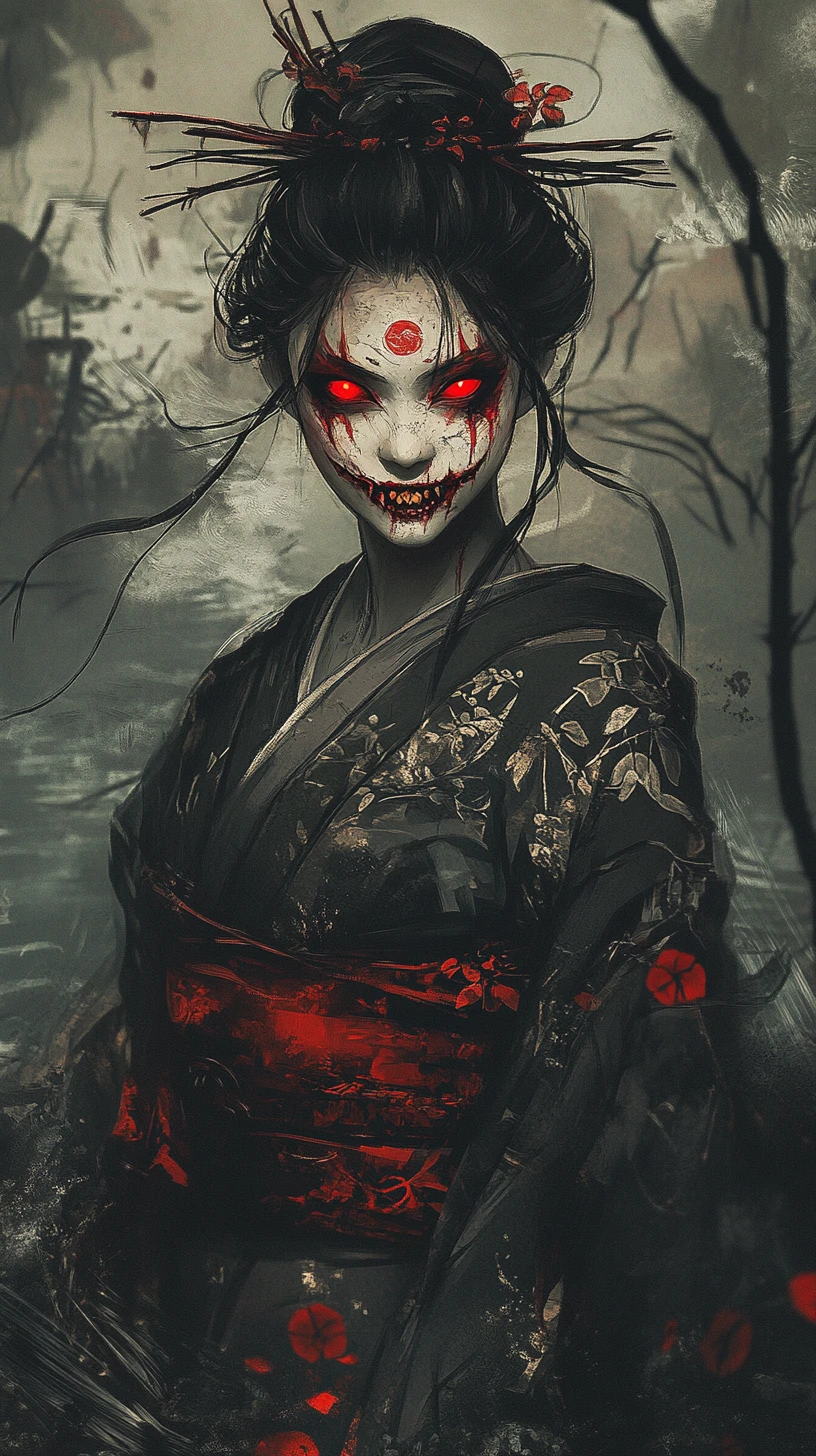 Assustadora mulher-espírito de anime em uma floresta pantanosa escura