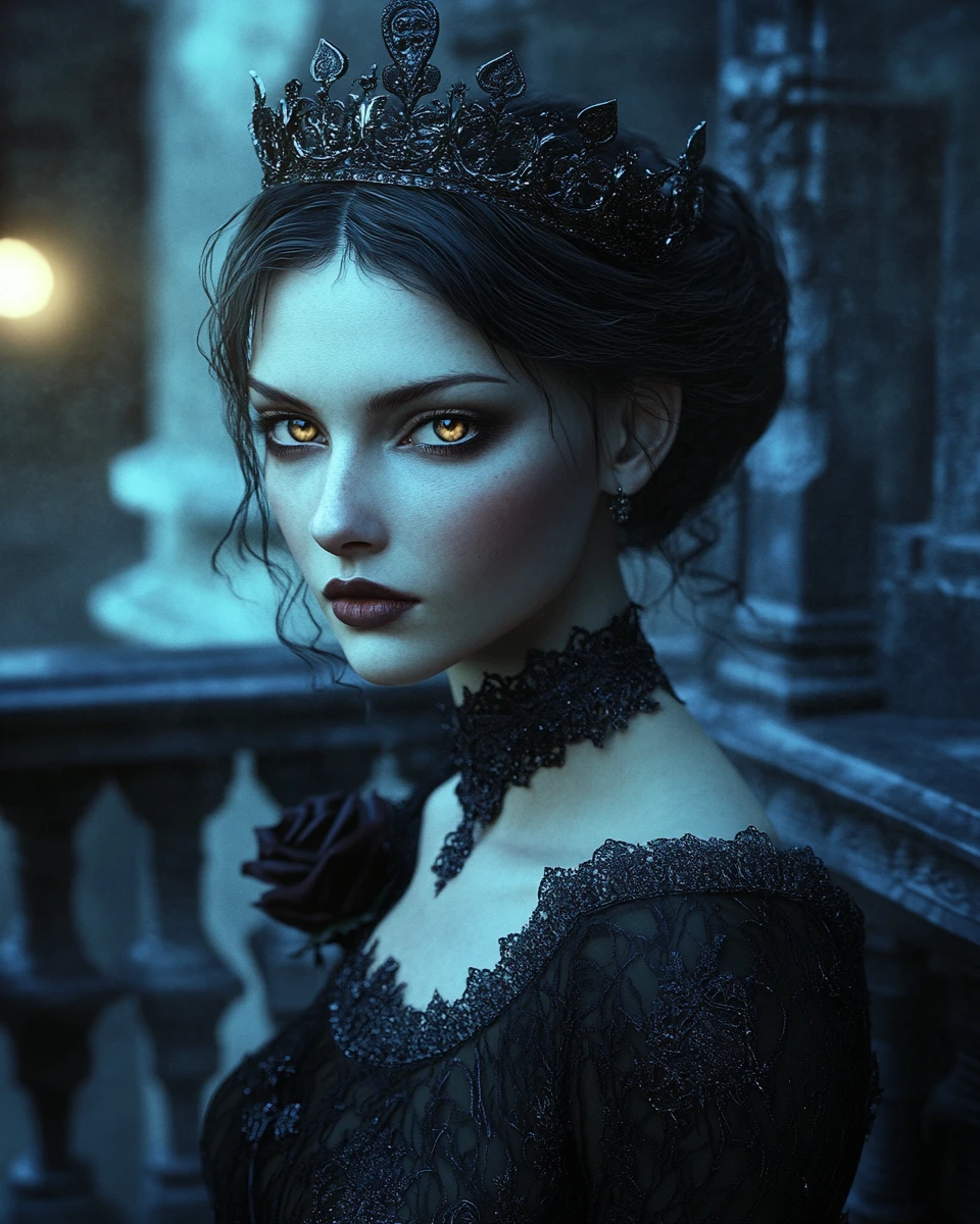 Gothic queen of spades on a moonlit palace balcony