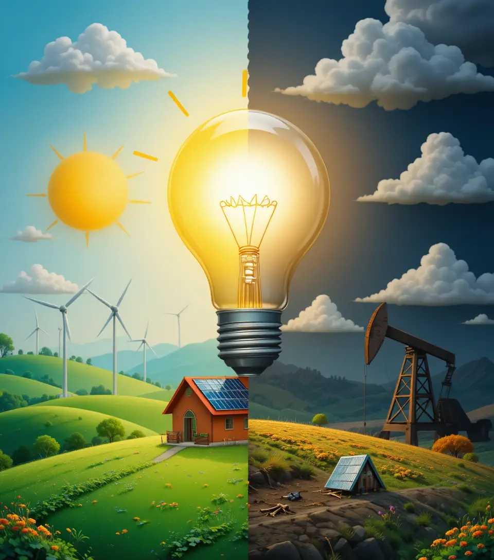 Geteilte Energiewelten, verbunden durch eine leuchtende Glühbirne
