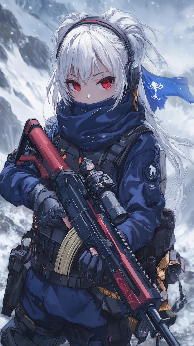 Fille d’anime avec fusil, long manteau et chignon