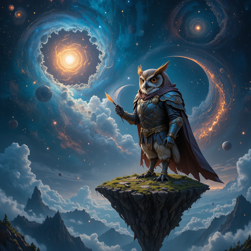 Gufo cavaliere corazzato che osserva un cielo cosmico fantasy