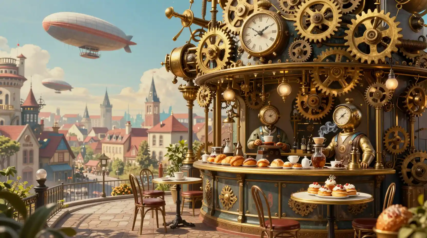 Caffè francese in una vivace strada cittadina steampunk