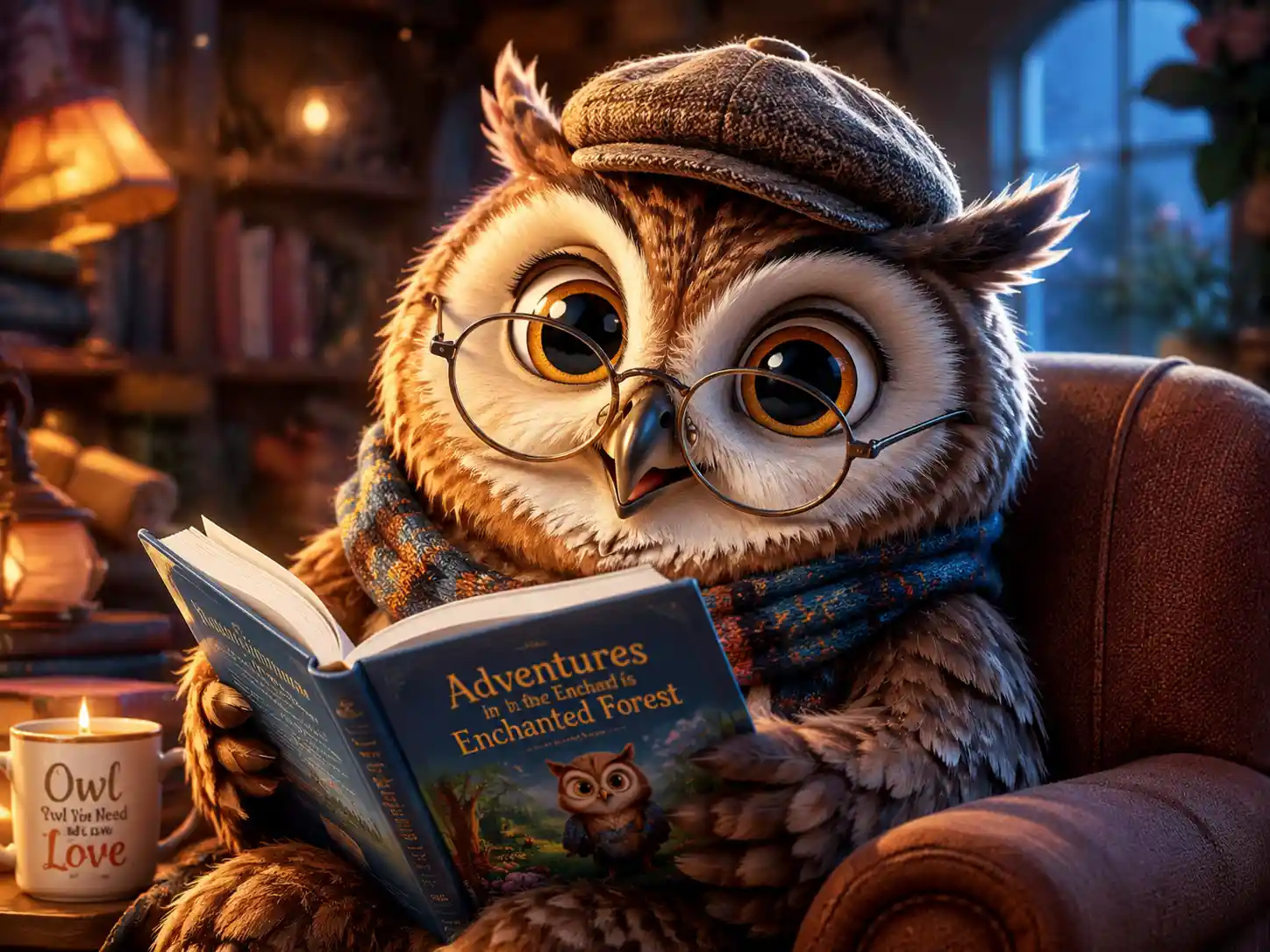 Friendly 3D bookworm cat peeking over reading glasses