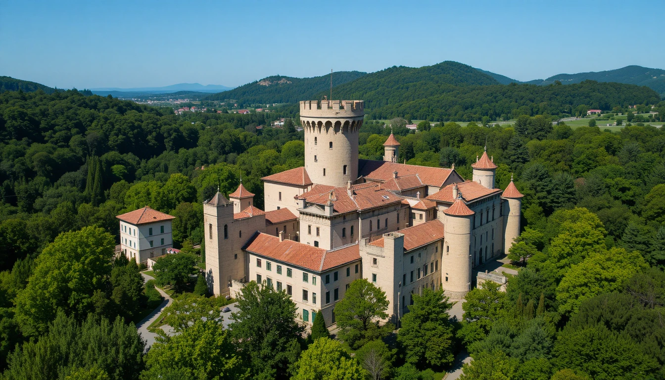 Vista aérea de um castelo histórico em campo verdejante