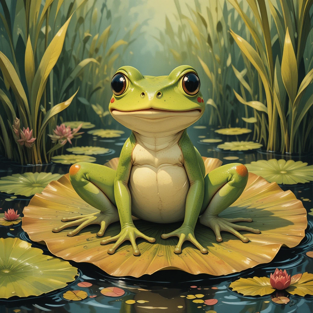 Sapo sorridente em uma folha colorida de nenúfar no brejo