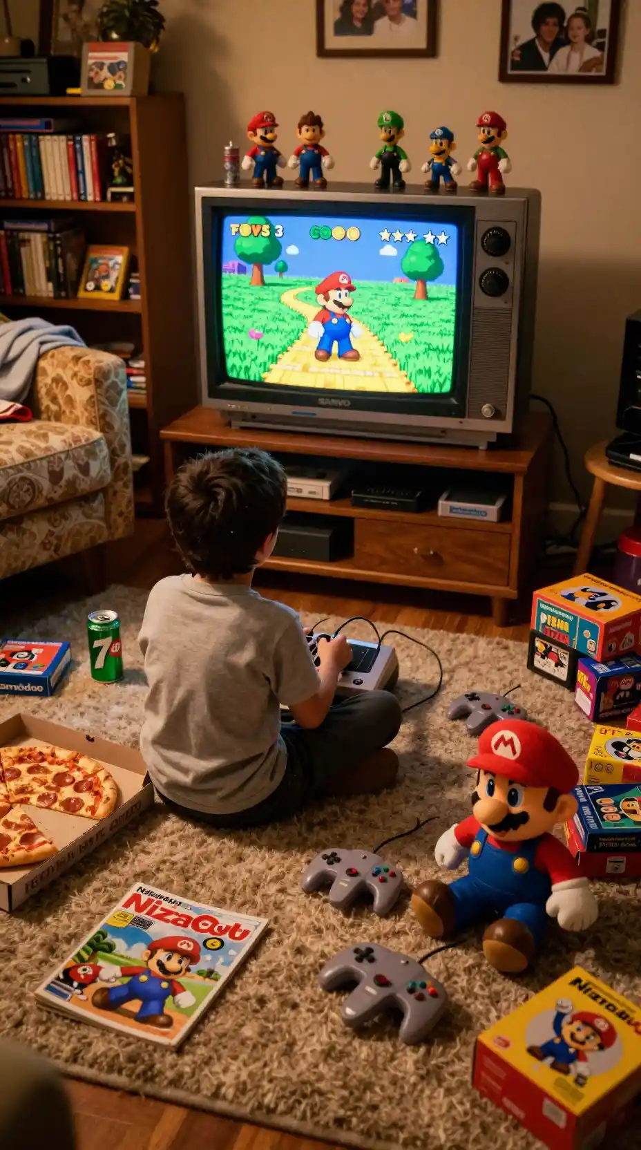 Boy Playing Nintendo 64 On Living Room Floor
