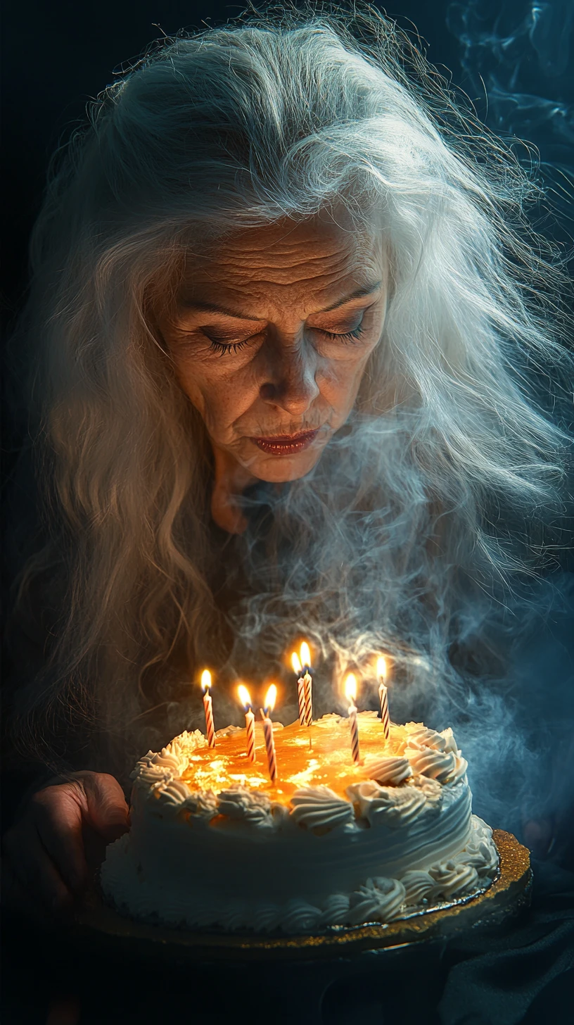 Mujer Mayor Soplando las Velas de un Pastel de Cumpleaños