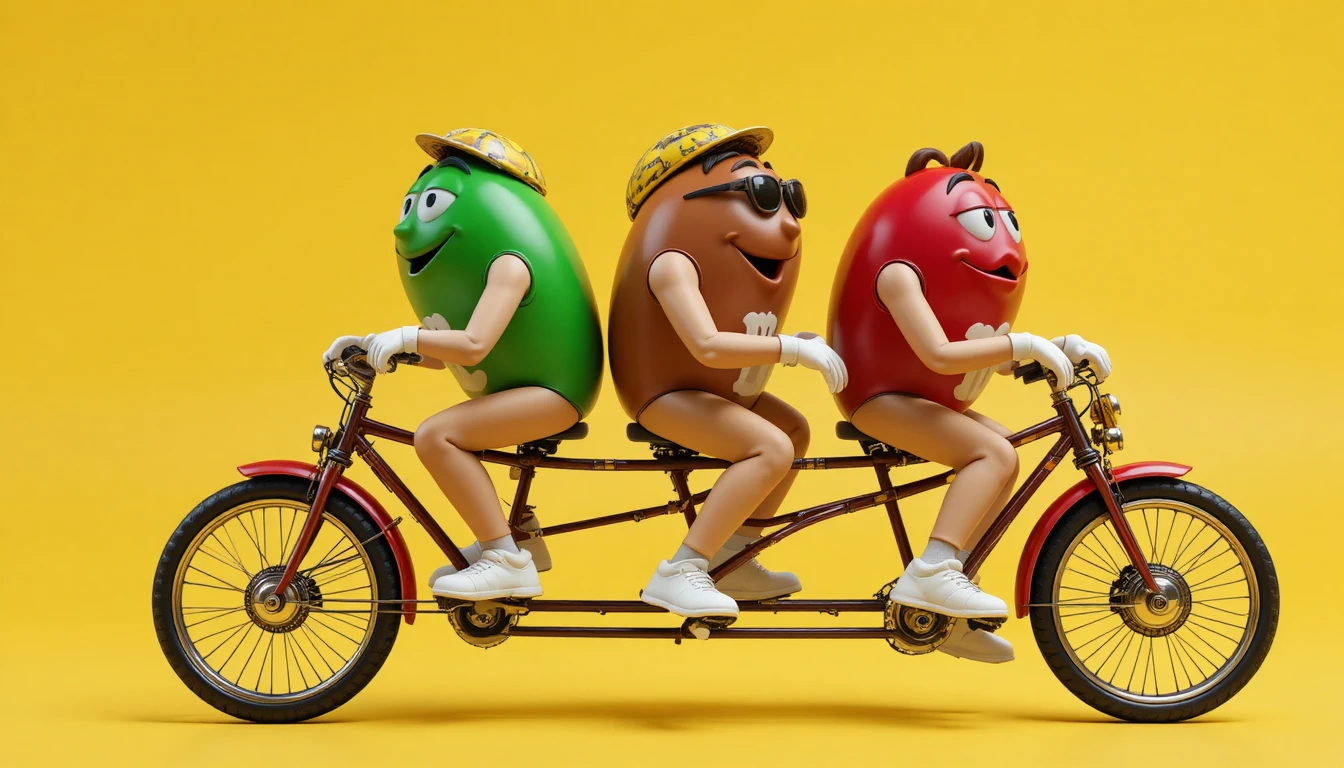 Trois personnages M&M chevauchant un vélo tandem triple