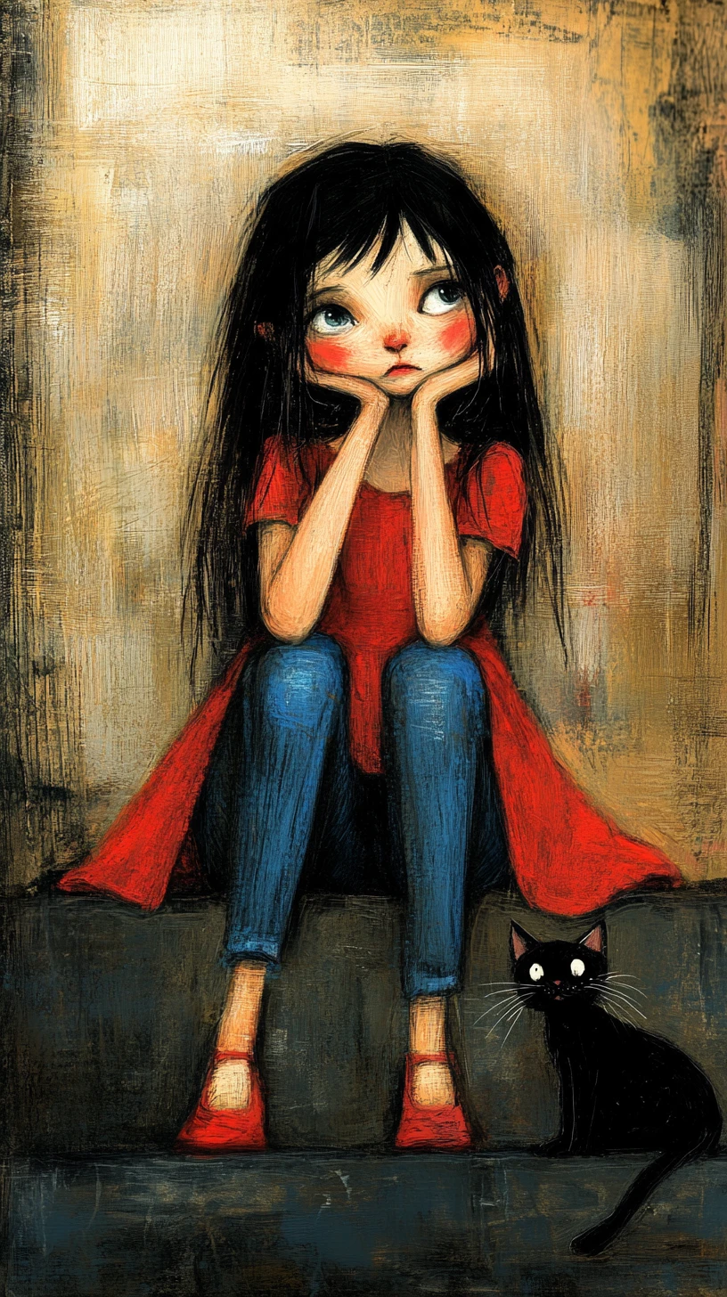 Garota triste de vestido vermelho com gato em ilustração esboçada