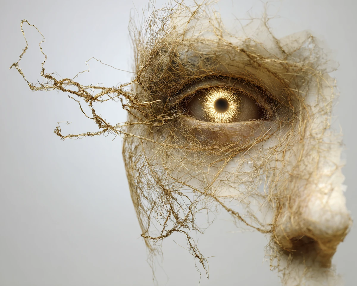 Surreal fragmentiertes Gesicht aus goldenen Filamenten und Fäden
