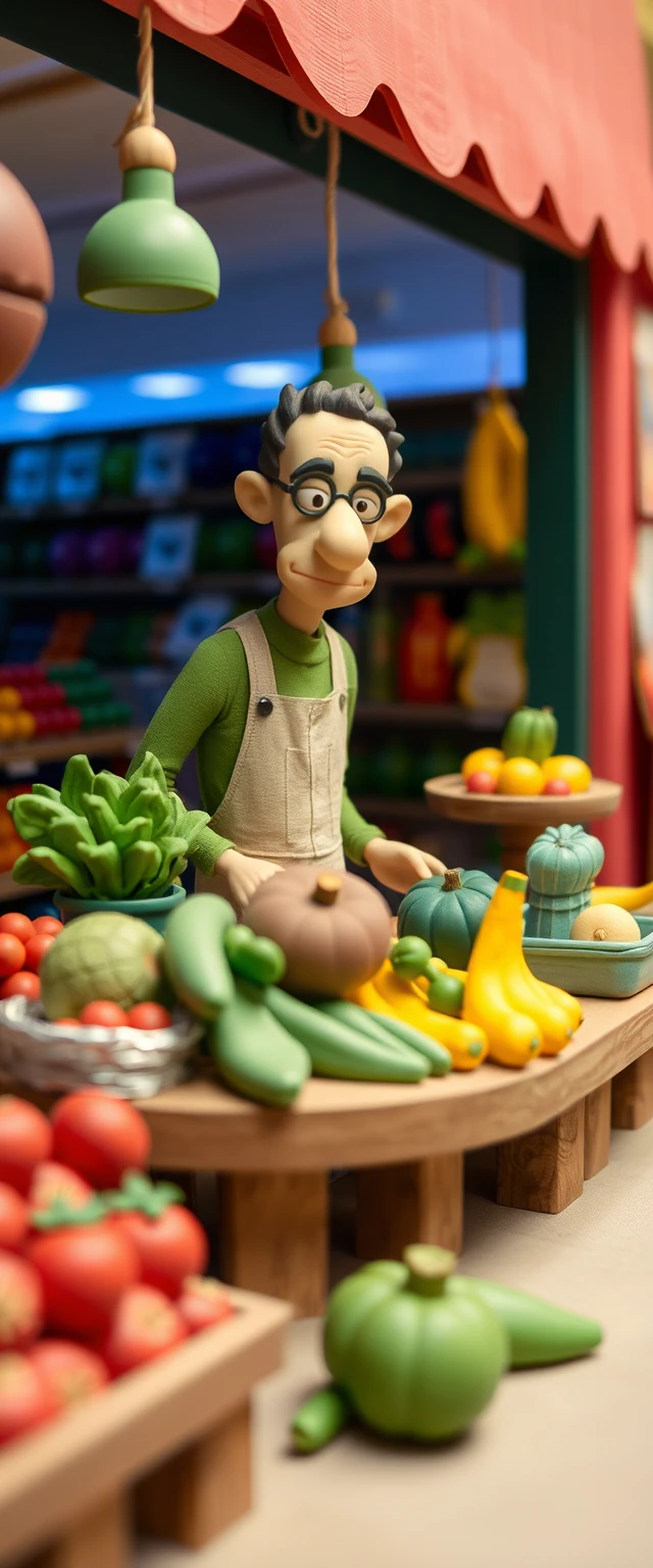 Commerçant en argile vendant des fruits et légumes dans une épicerie
