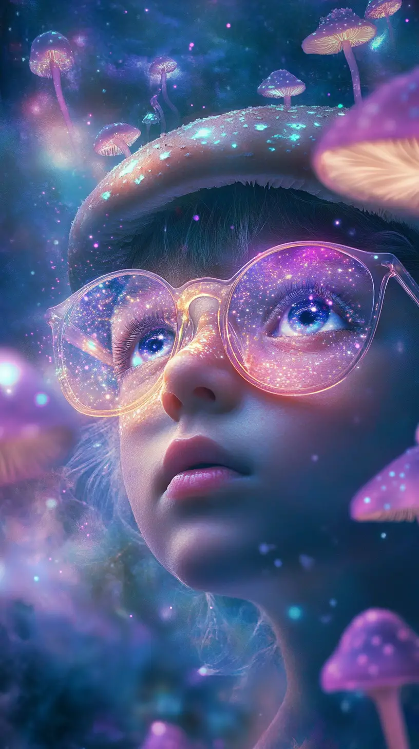 在奇幻森林中凝視發光蘑菇的瞪大眼睛孩童