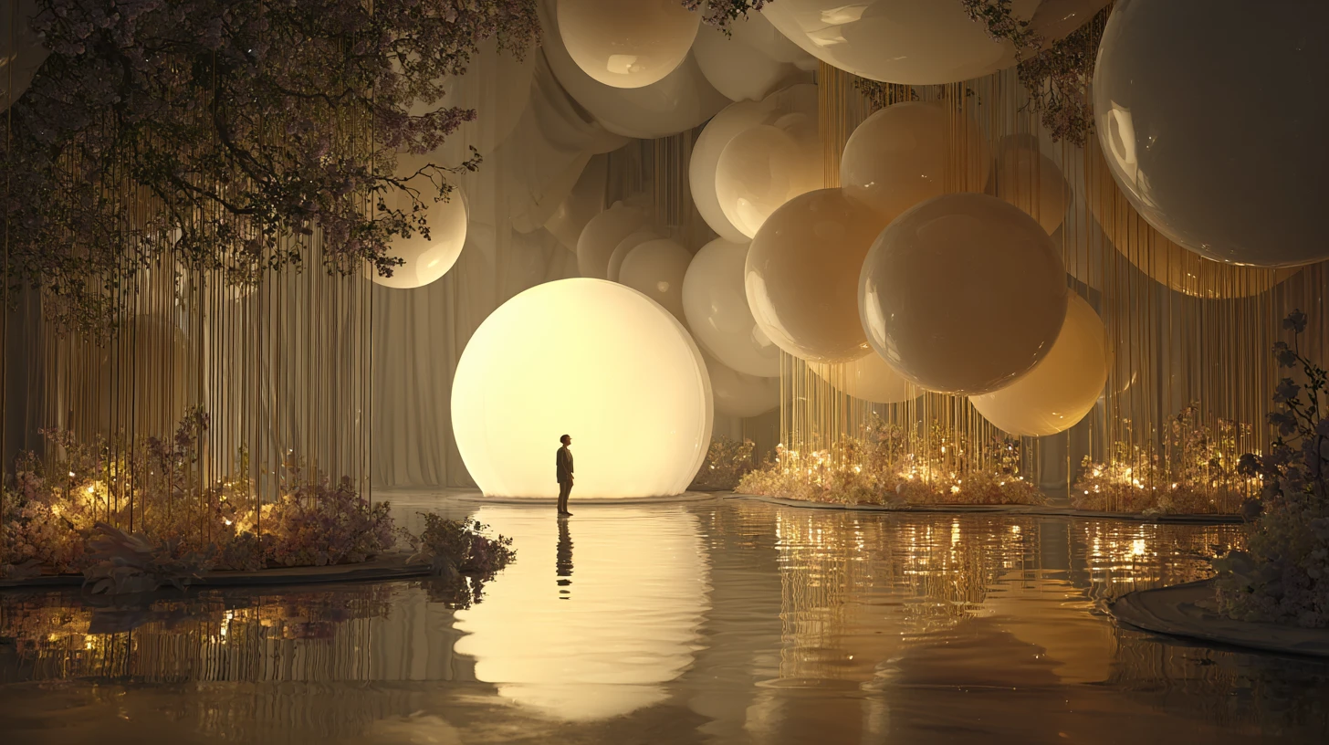 Surreale Ballonsphäre über einer gespiegelten Traumlandschaft