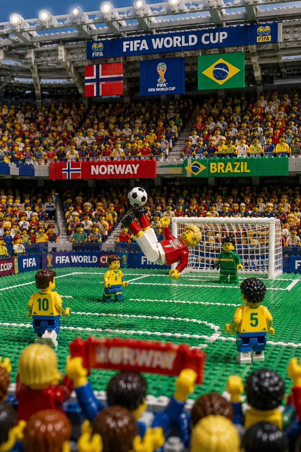 Stadio di calcio Lego con azione di gioco Norvegia contro Brasile