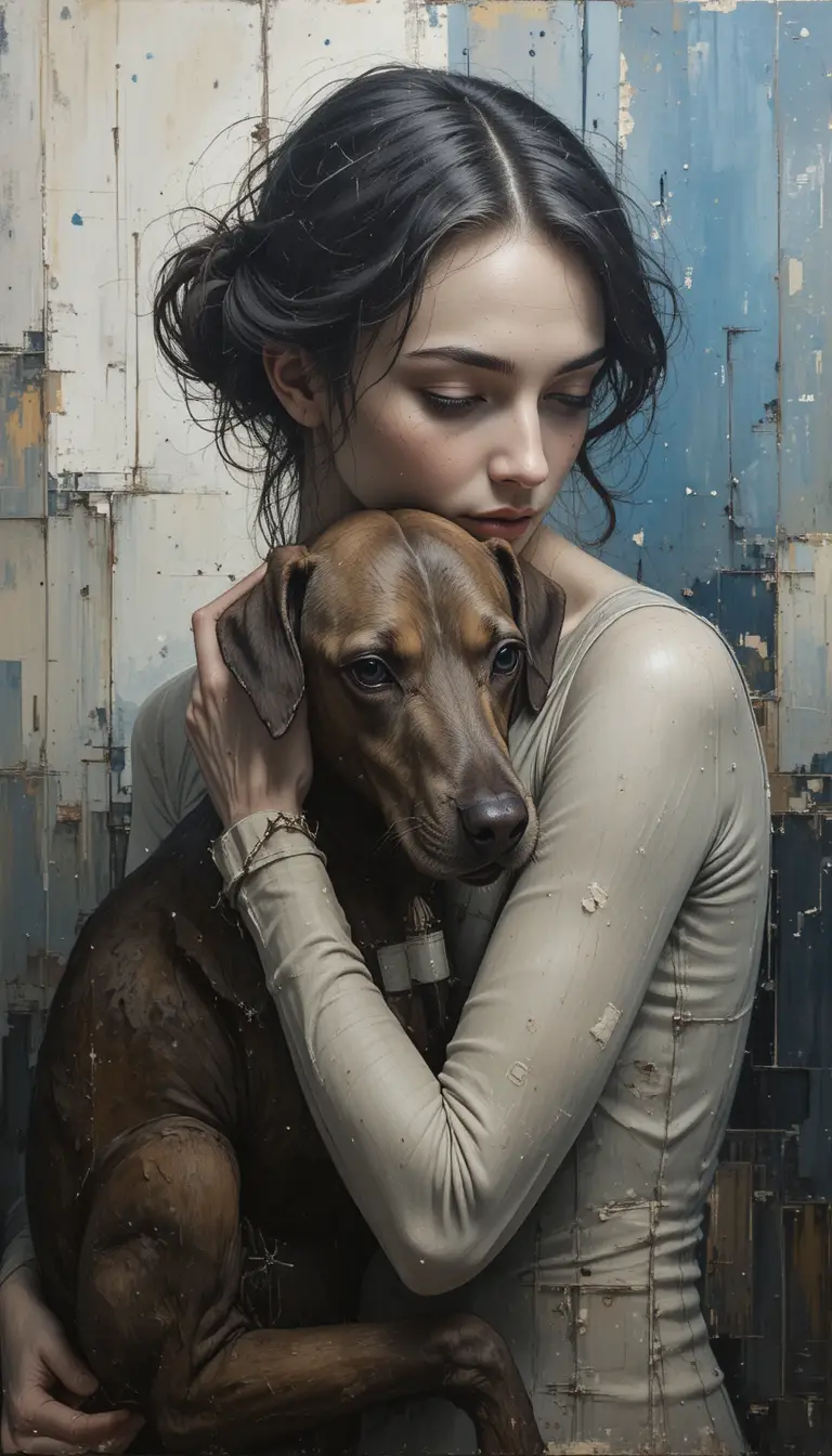 Expressionist painting of a woman embracing her loyal dog