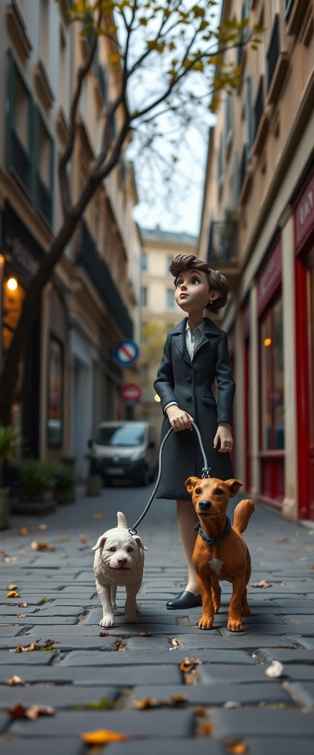 Mulher caminhando com seu cachorro por uma rua de Paris