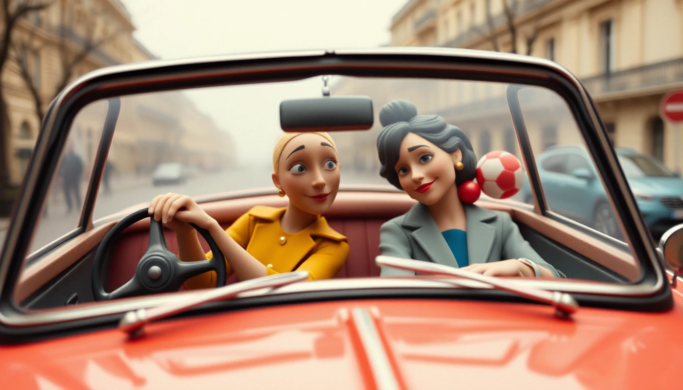 Dos mujeres de plastilina conduciendo por una calle de París