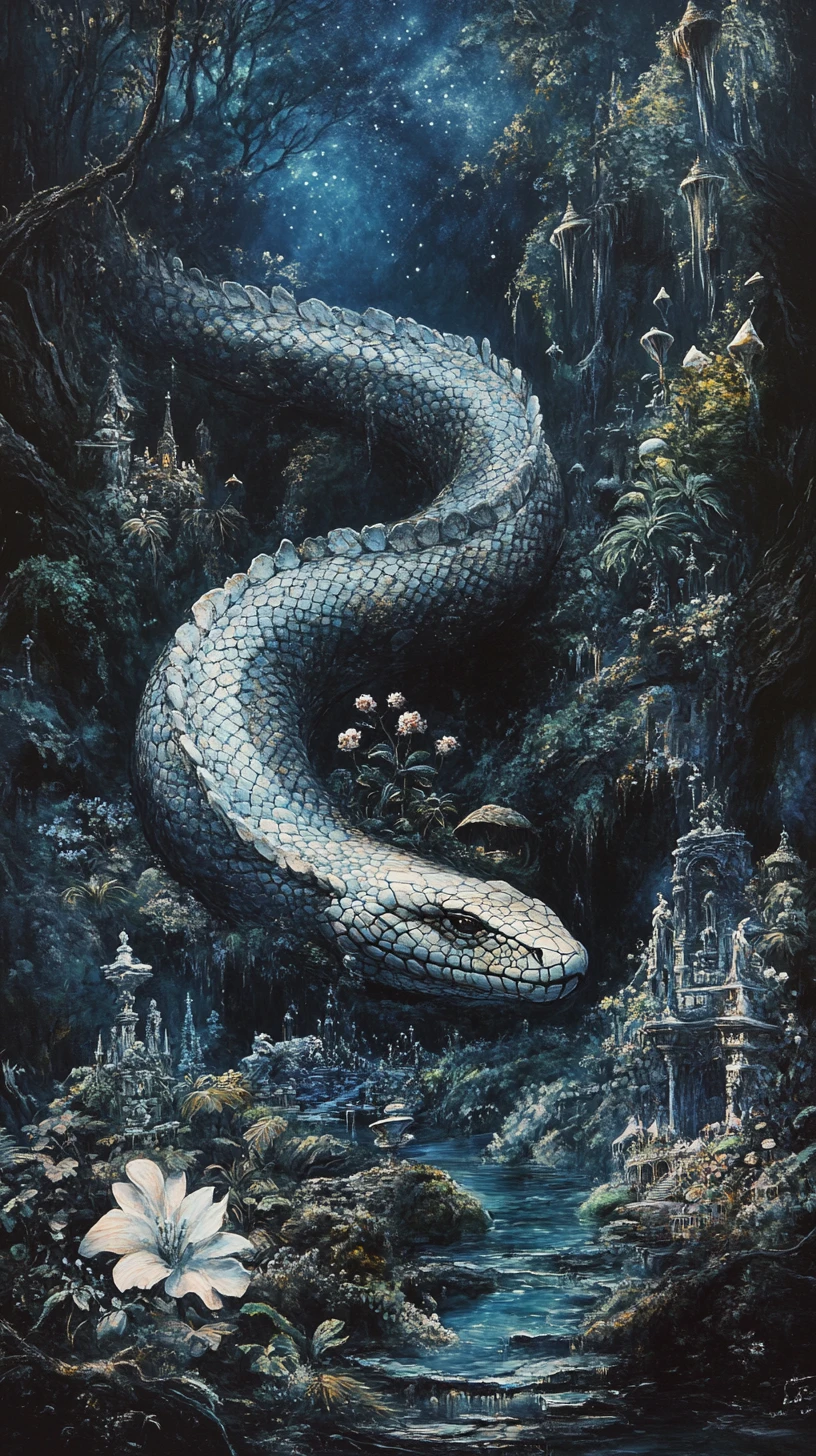 Serpiente Colosal de Mármol Bajo un Antiguo Bosque Encantado