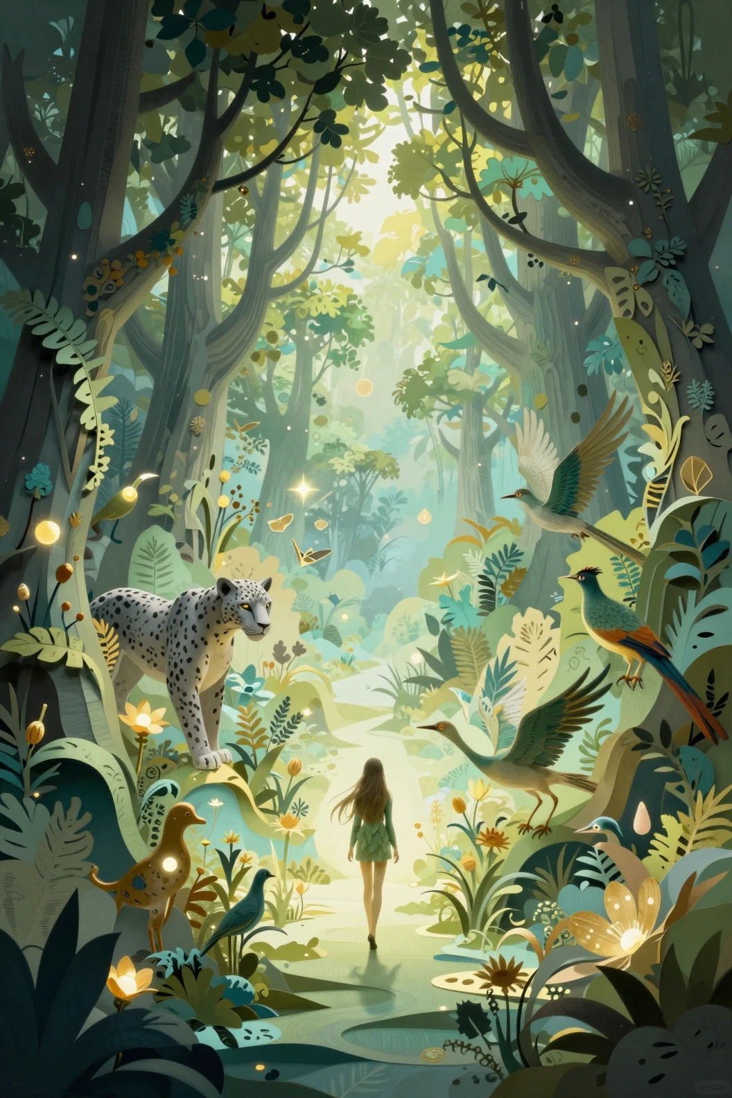 Verzauberter Papierwald mit Panther und leuchtender Fee