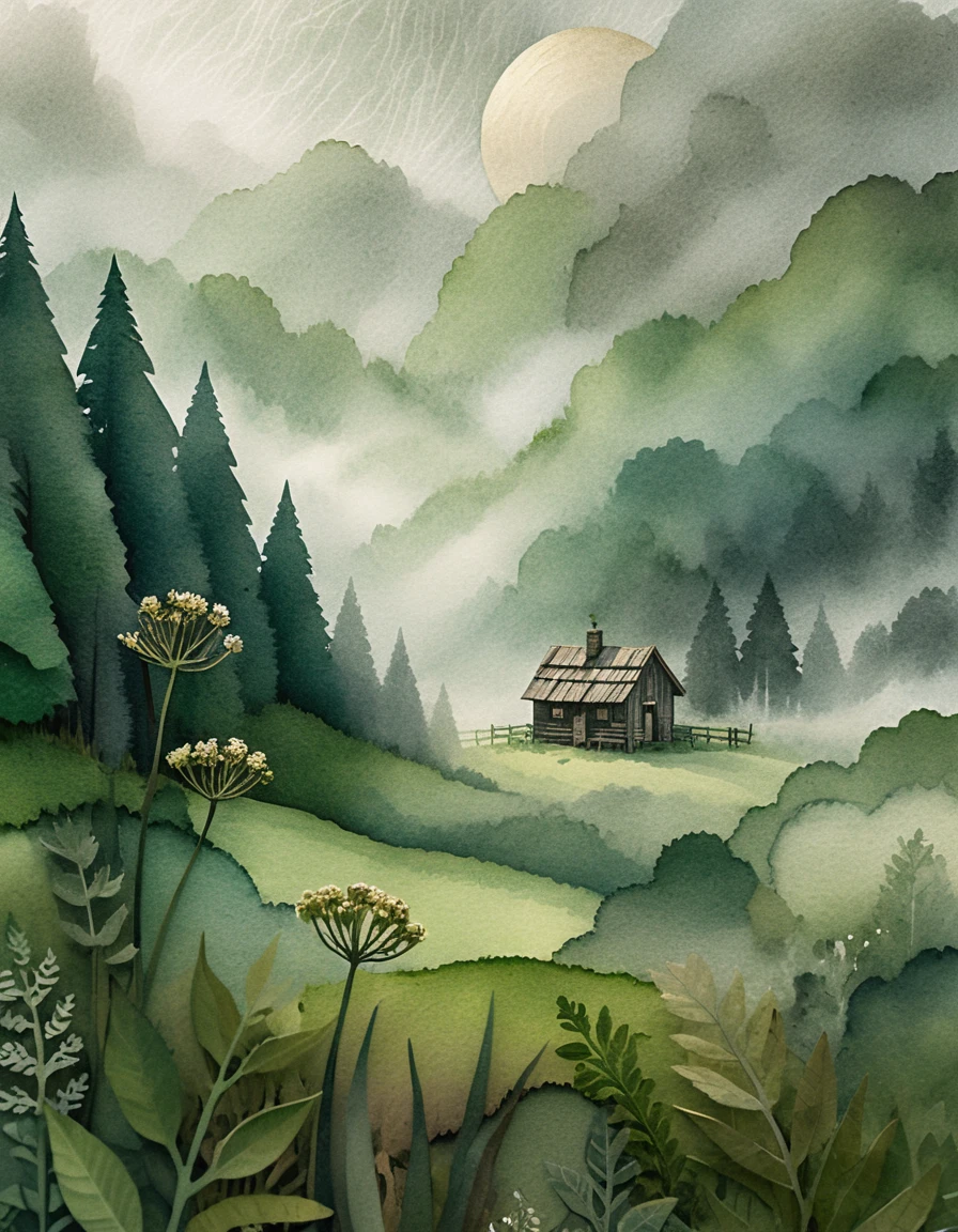 Small wooden cabin in foggy green meadow illustration