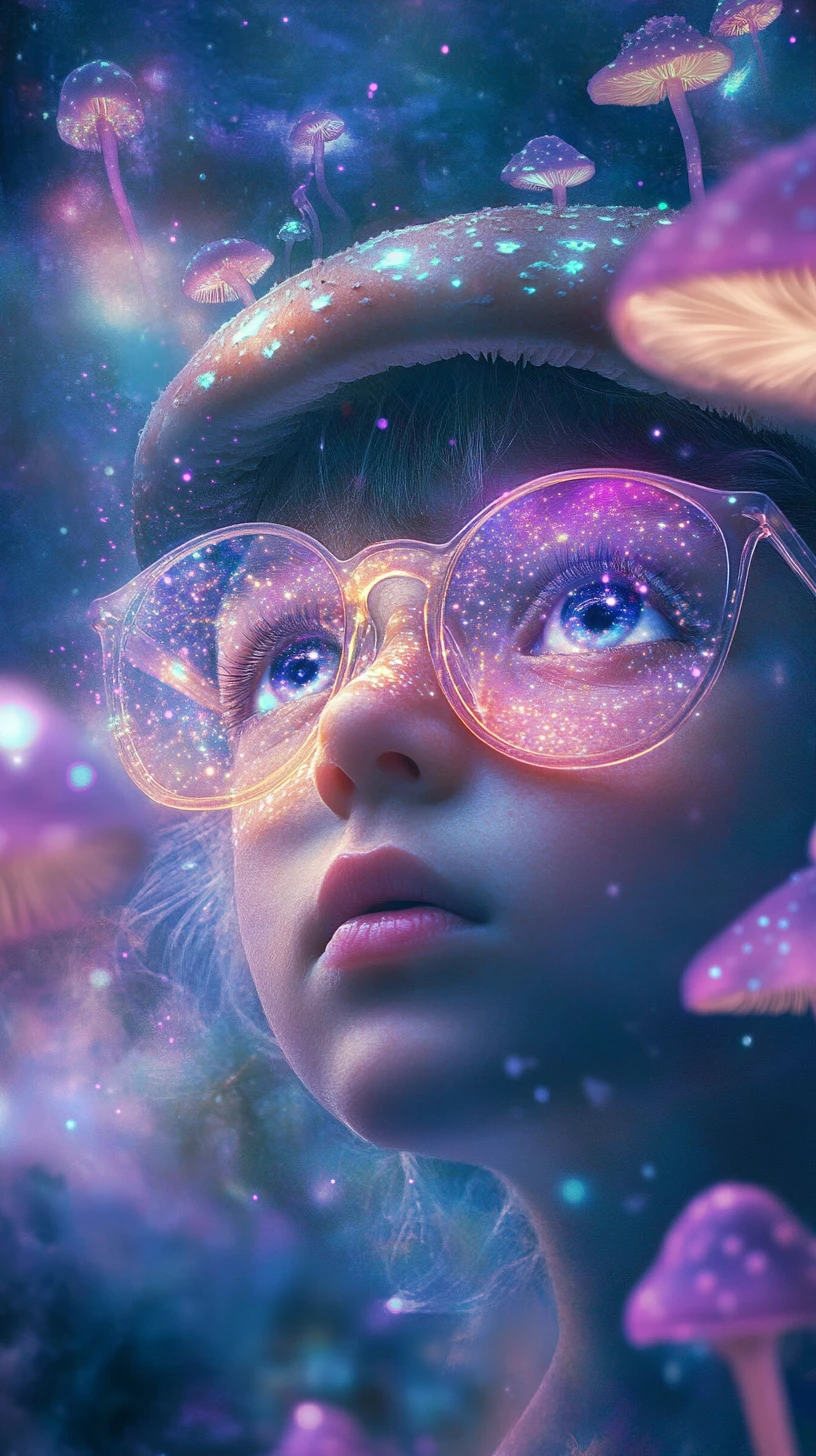 Wide eyed child with glowing mushrooms in fantasy forest