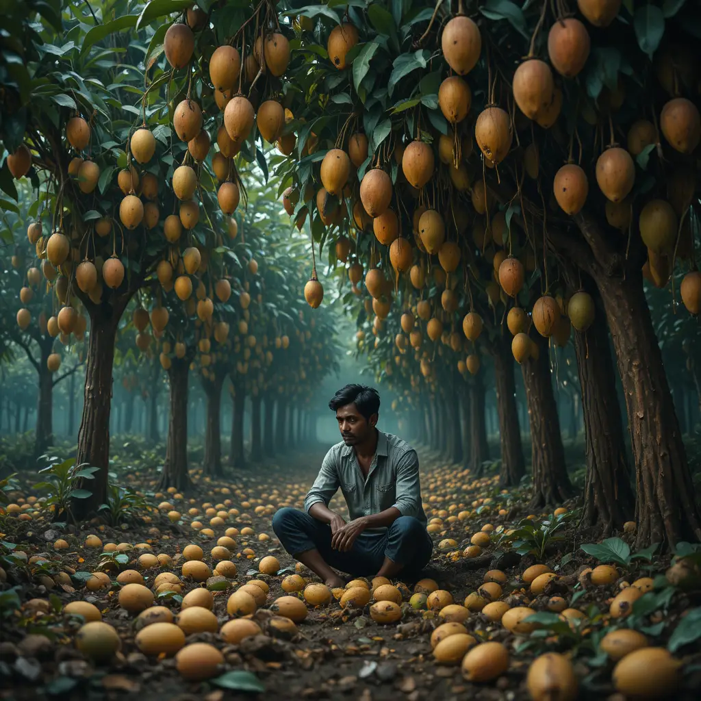 Sad gardener under mango trees with fallen rotten fruit